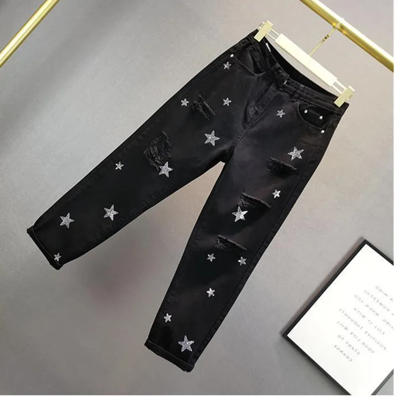 Black Star Hot stamping hole Denim Harem Pants for women Spring/summer New wide pine pipe pants Female Casual Nine point Jeans