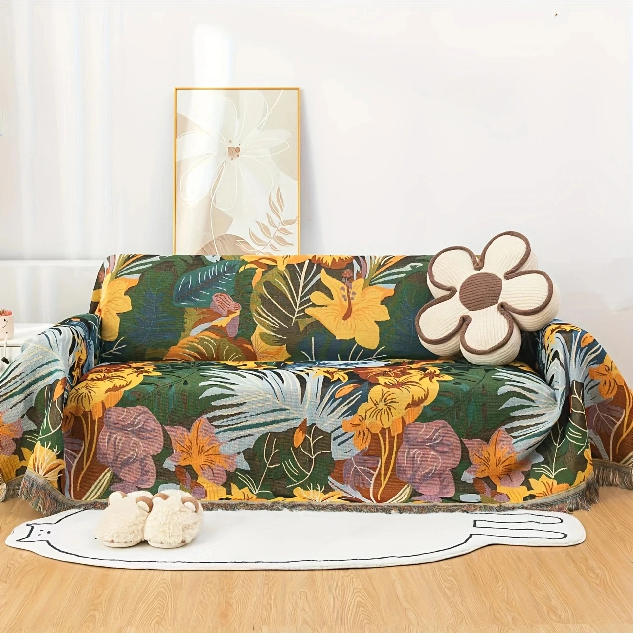 Single Pack Luxury Reversible Tassel Floral Sofa Cover, Sofa Throw, Furniture Protector, Multi-Purpose Blanket