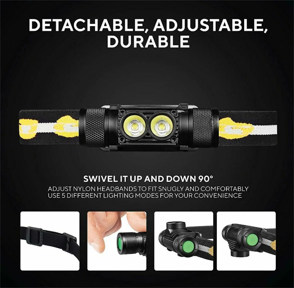 H25S Waterproof headlamp 18650 headlight 5 Modes dual Luminus SST40 LED 1200lm USB Rechargeable Torches Work Hiking Light lamp