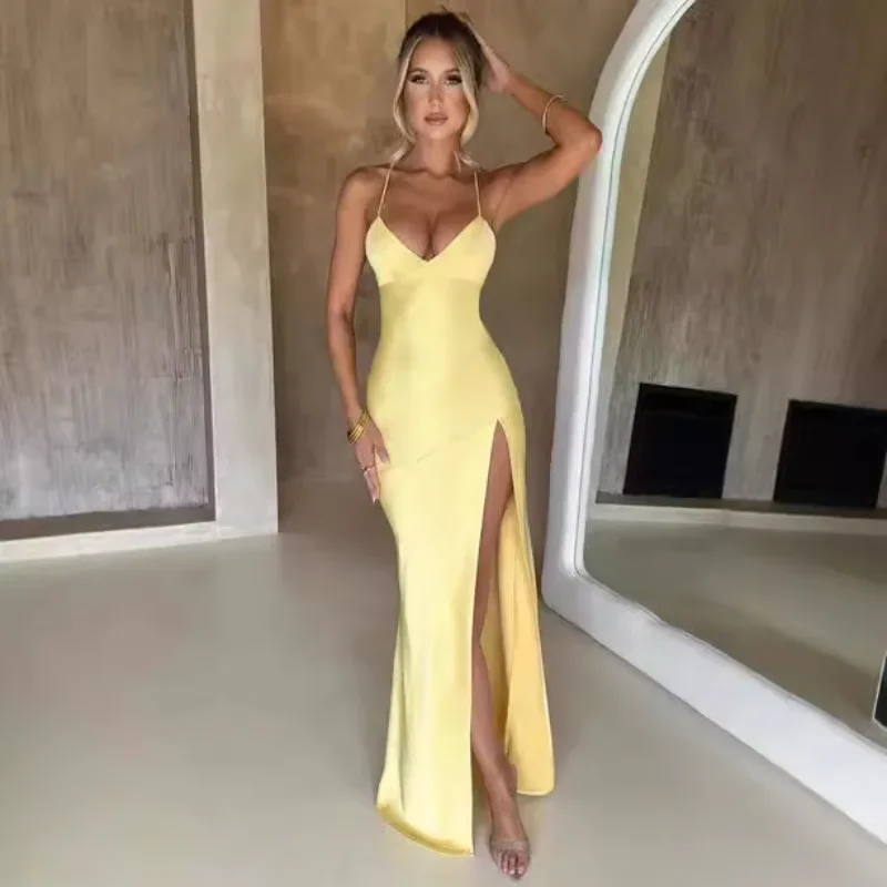 Abiti estivi in tinta unita per Woimen Abito da festa sexy con scollo a V Abito da sera lungo con spacco senza schienale in raso Abiti estivi da donna