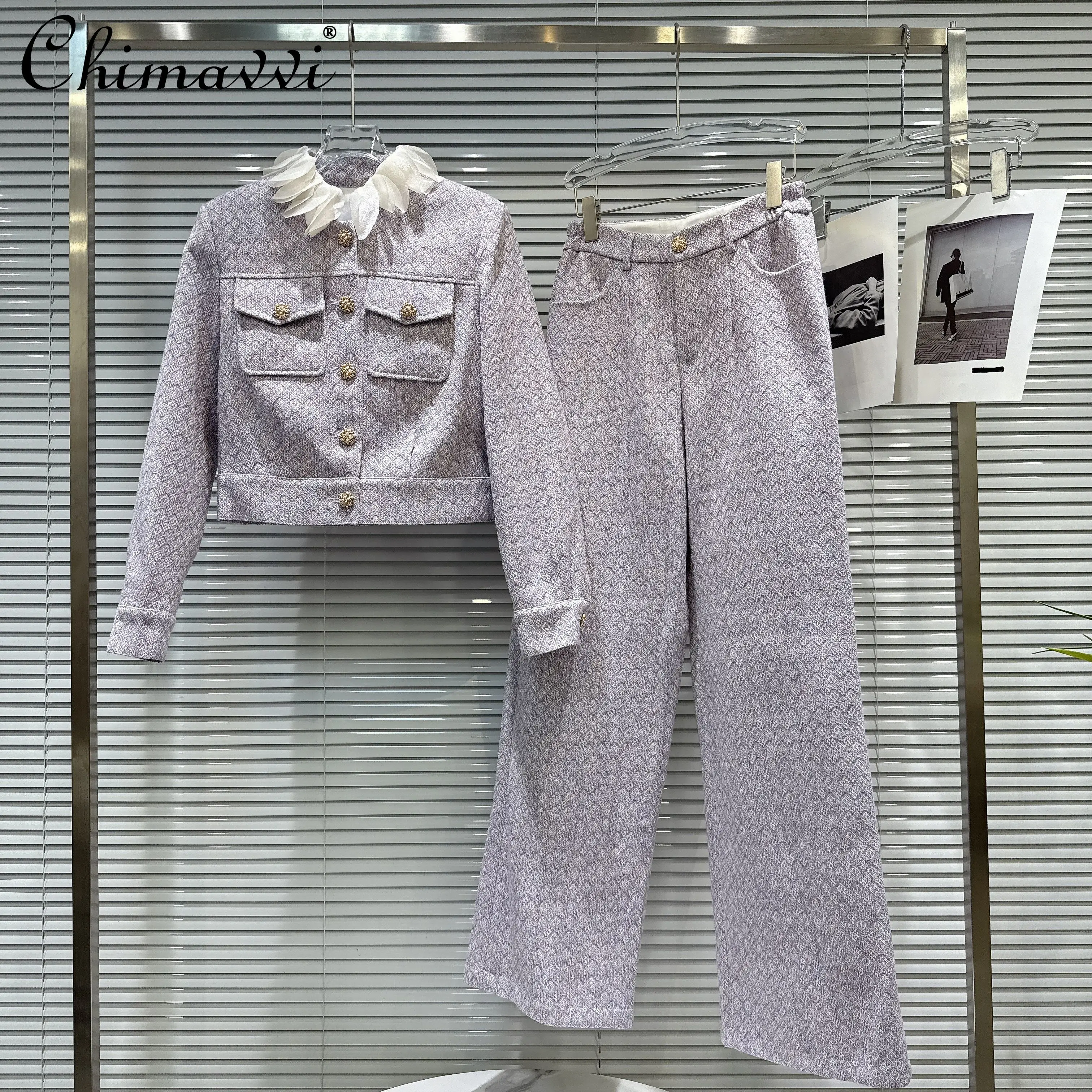 

Элегантный комплект длинных брюк в корейском стиле, короткая куртка в клетку с длинными рукавами и высокой талией, прямые длинные брюки, комплекты из двух предметов для женщин