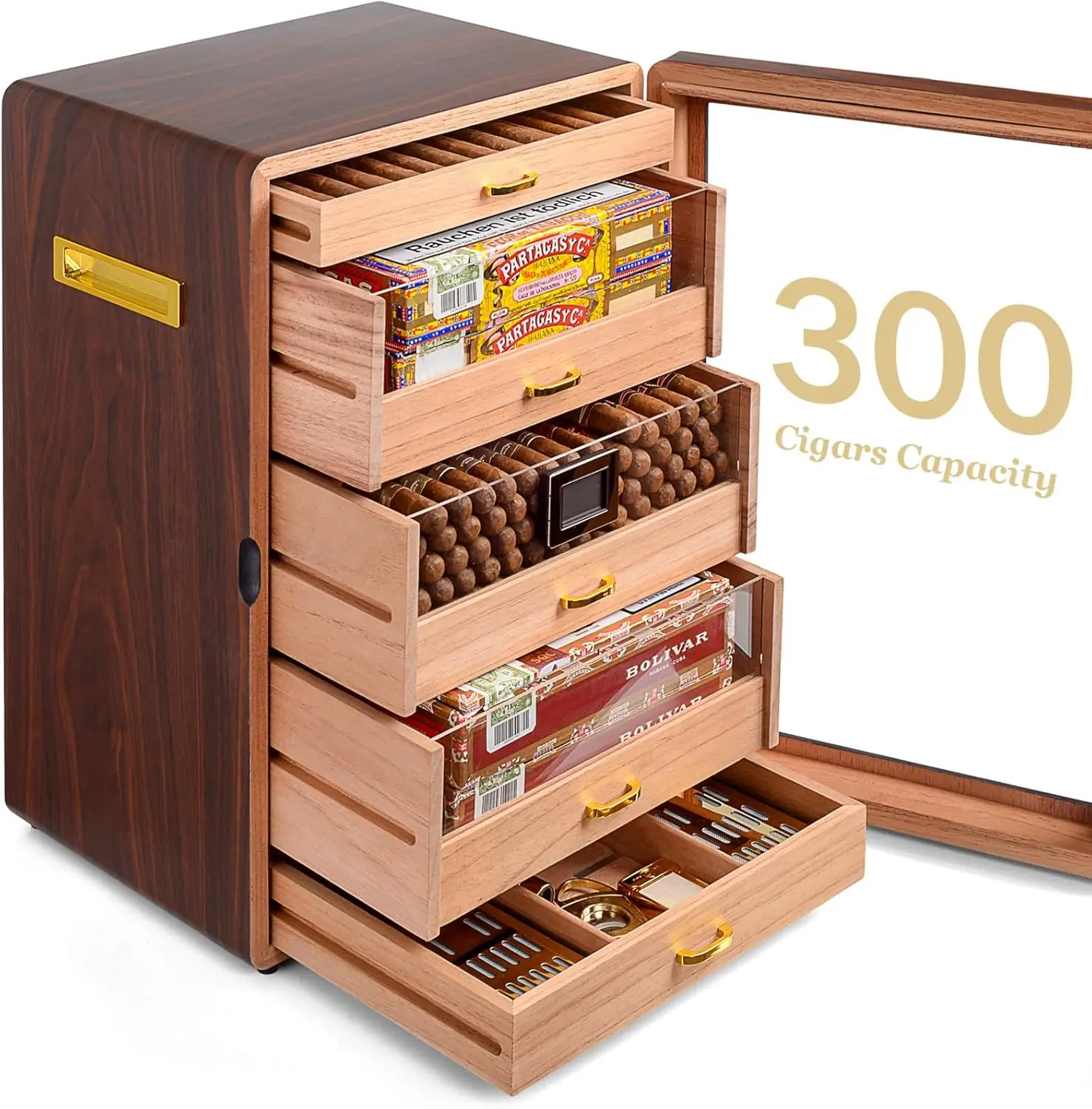 Cigar Humidors, Cedar Wood Humidor for 300 Cigars with Digital Hygrometer, Drawers, Humidifiers