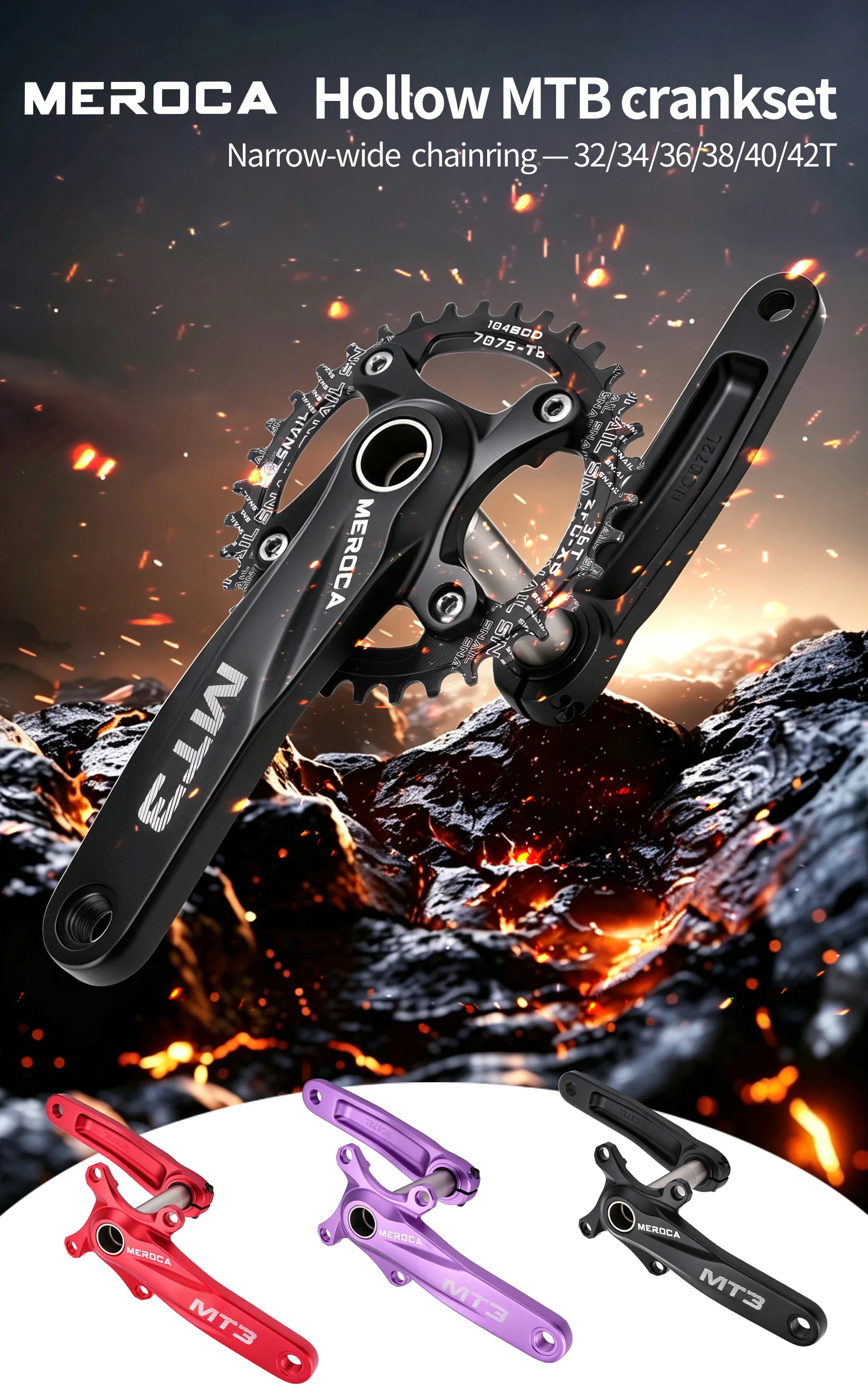MEROC MT3 Mountainbike-Kurbelgarnitur 170mm Hohl-Integriertes Aluminiumlegierungs-Kettenblatt 104BCD 32/34/36/38/40/42T für 8-12-Gang MTB – Detail 1