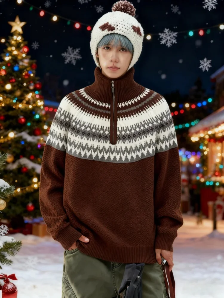 

вязаный свитерHeritage Fair Isle Cardigan — полумолния во французском стиле для тихой роскоши (облегающий цвет слоновой кости и бордовый)