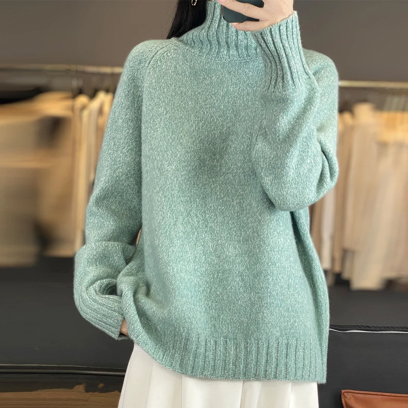 100% كنزة صوف خالص وهمية اثنين من القمصان النسائية الخريف والشتاء شبه عالية الرقبة محبوك قاع