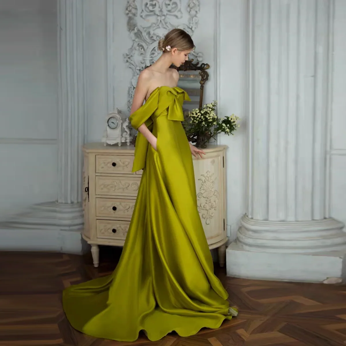 Olive Green Woman Dress Pockets Custom Made Sweetheart Prom Gowns Long Party Dresses Off The Shoulder Sexy Prom Gowns Backless