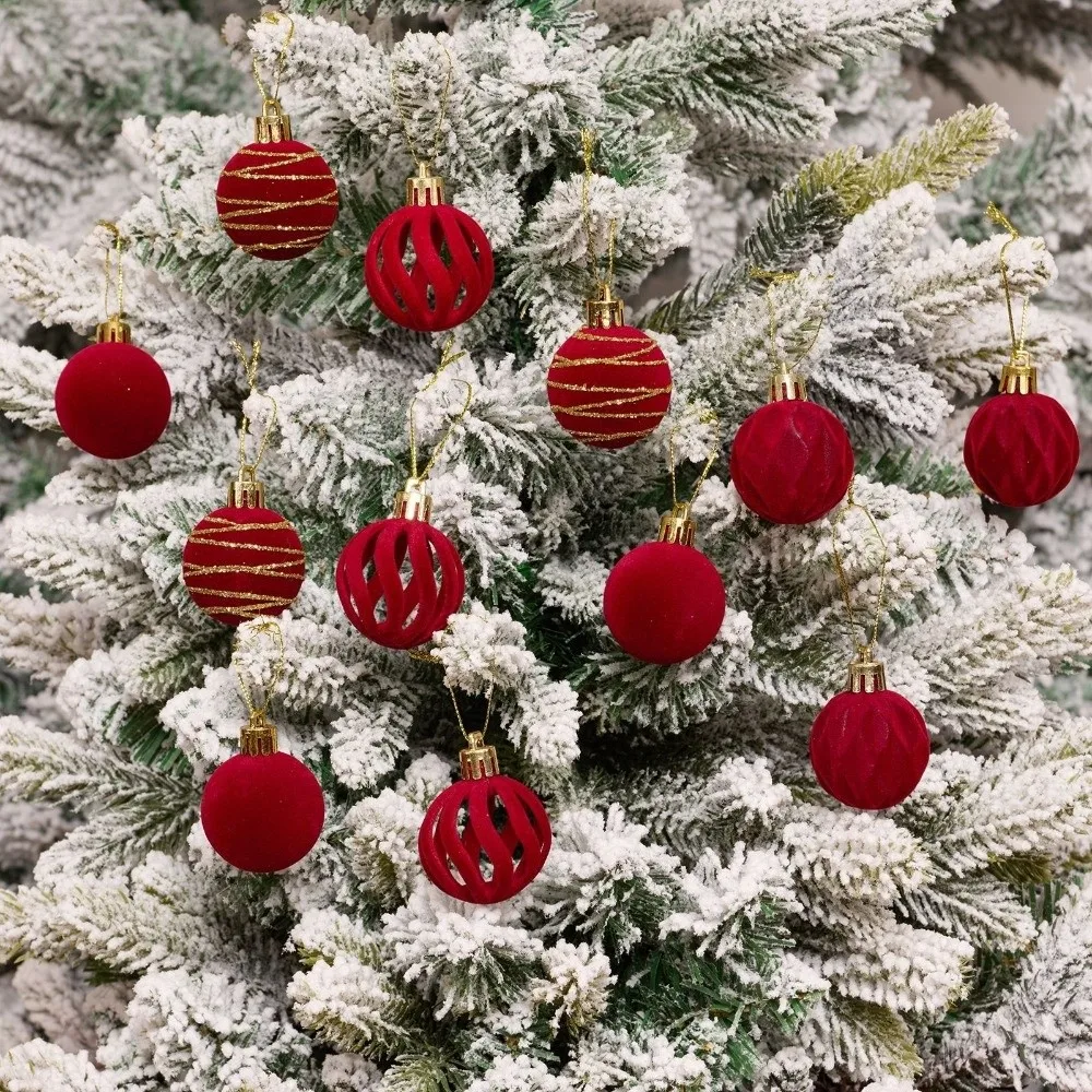 12 Stück/Box Samt-Weihnachtskugeln zum Aufhängen, DIY-Bastelset, bemalte 4 cm große beflockte Weihnachtskugeln, Kunststoff-Weihnachtsbaumschmuck