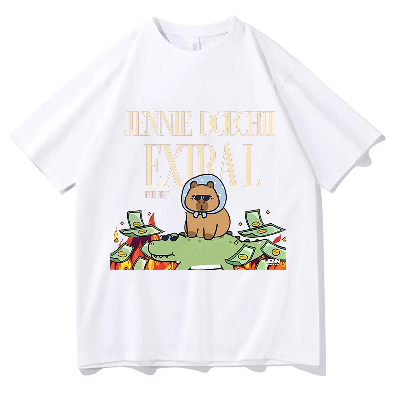 2025 New Fashion JENNIE Doechii Extral Print T Shirt Cartoon Capybara Pattern Funny Pure Cotton Summer T-shirt Street Tees Tops