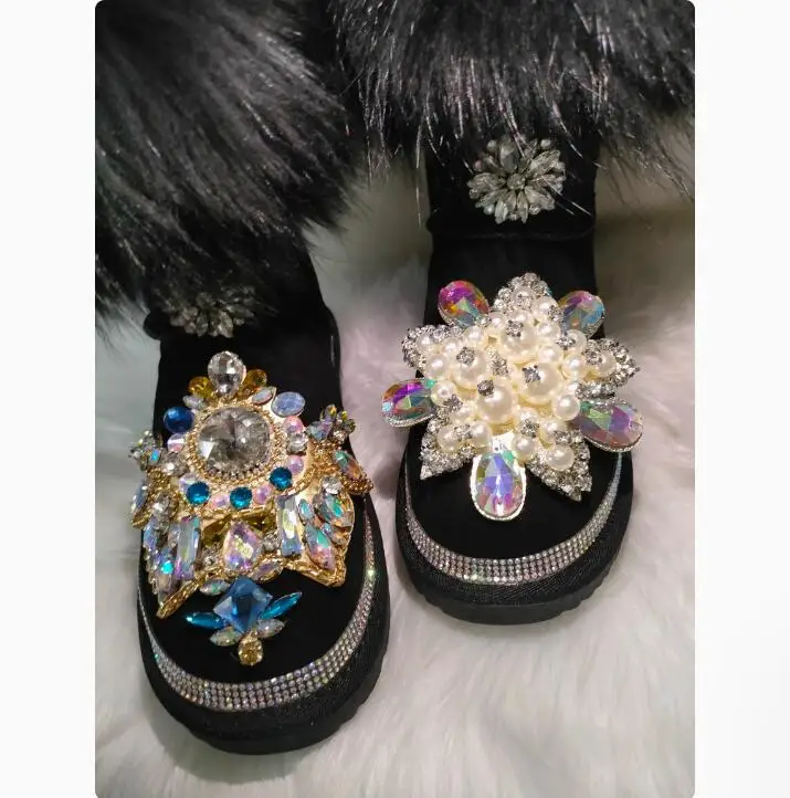 Bling Pearl Rhinestone Flower Suede Fox Fur Snow Boots Crystals Outdoor Women's Flat Boots Warm Thermal Plush Winter Shoes