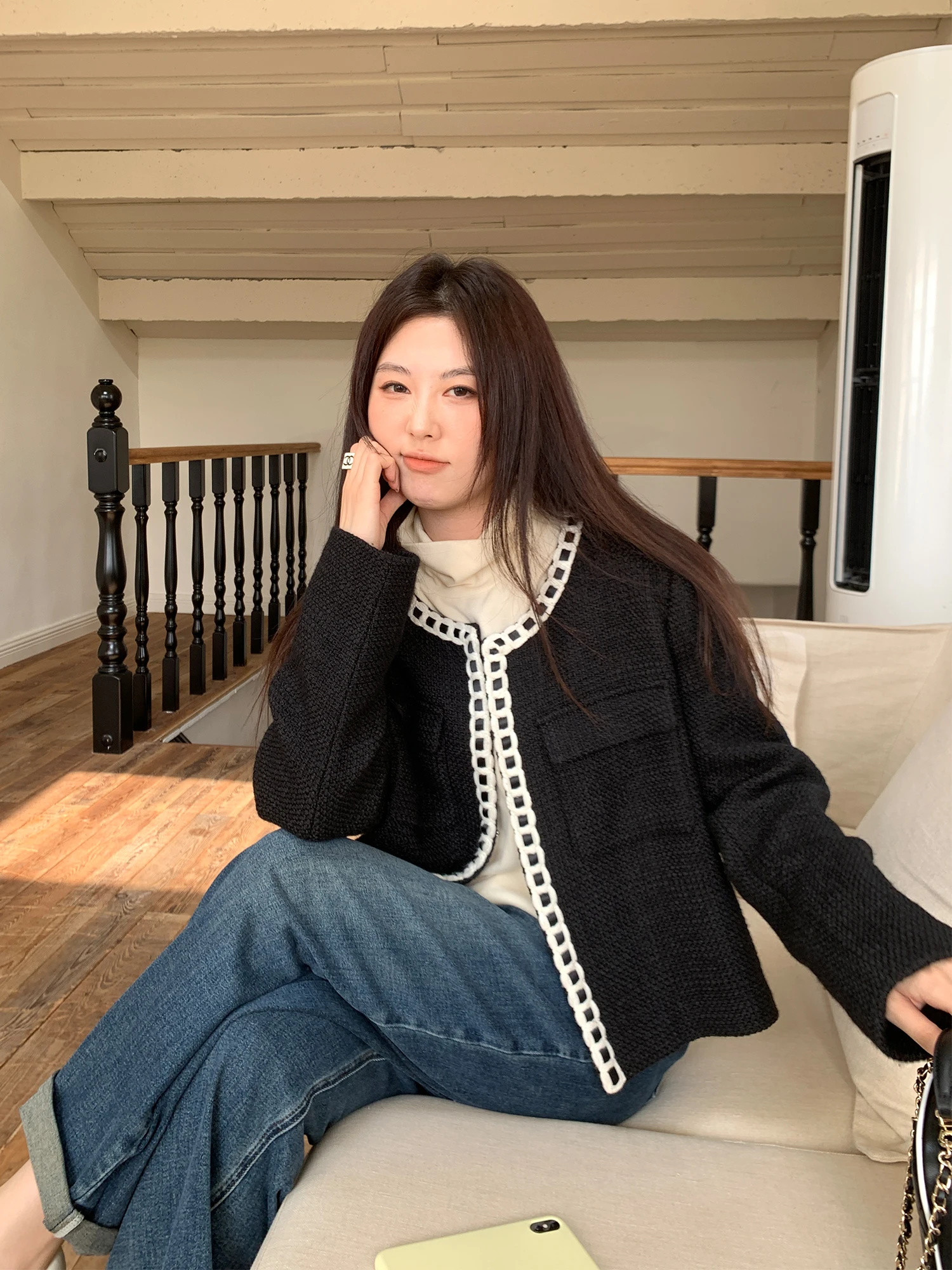 

NAZ: Вязаный свитер большого размера с контрастными цветами, осенне-зимний, с твидовым дизайном, для полных женщин, стройнящий, в стиле французского шика.