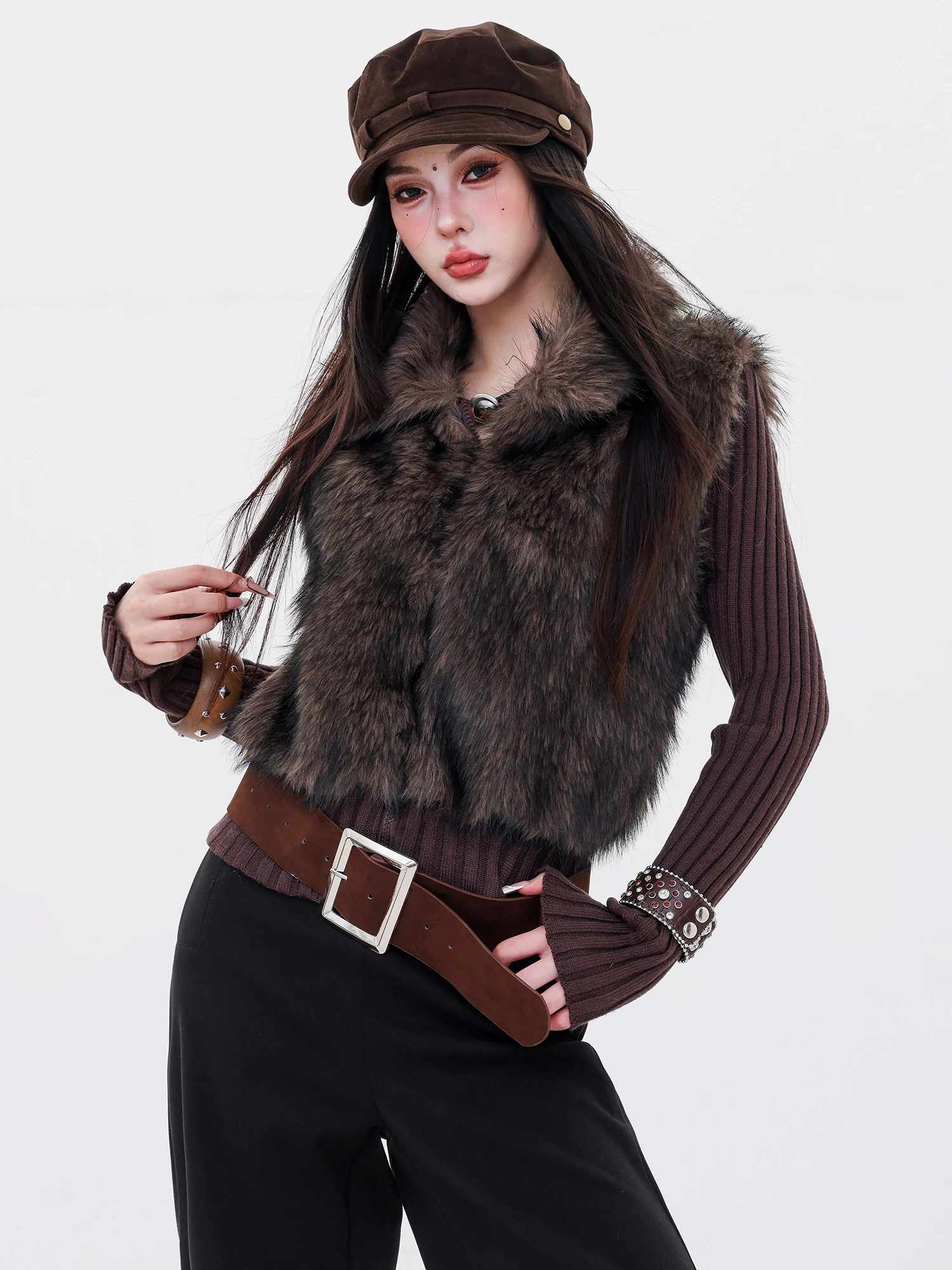 

Ele Long Sve Fur Knitted Sweater Women's Slim Fit Outerwear ABWLR Original Eco-friendly Leather Coat for Autumn Winter