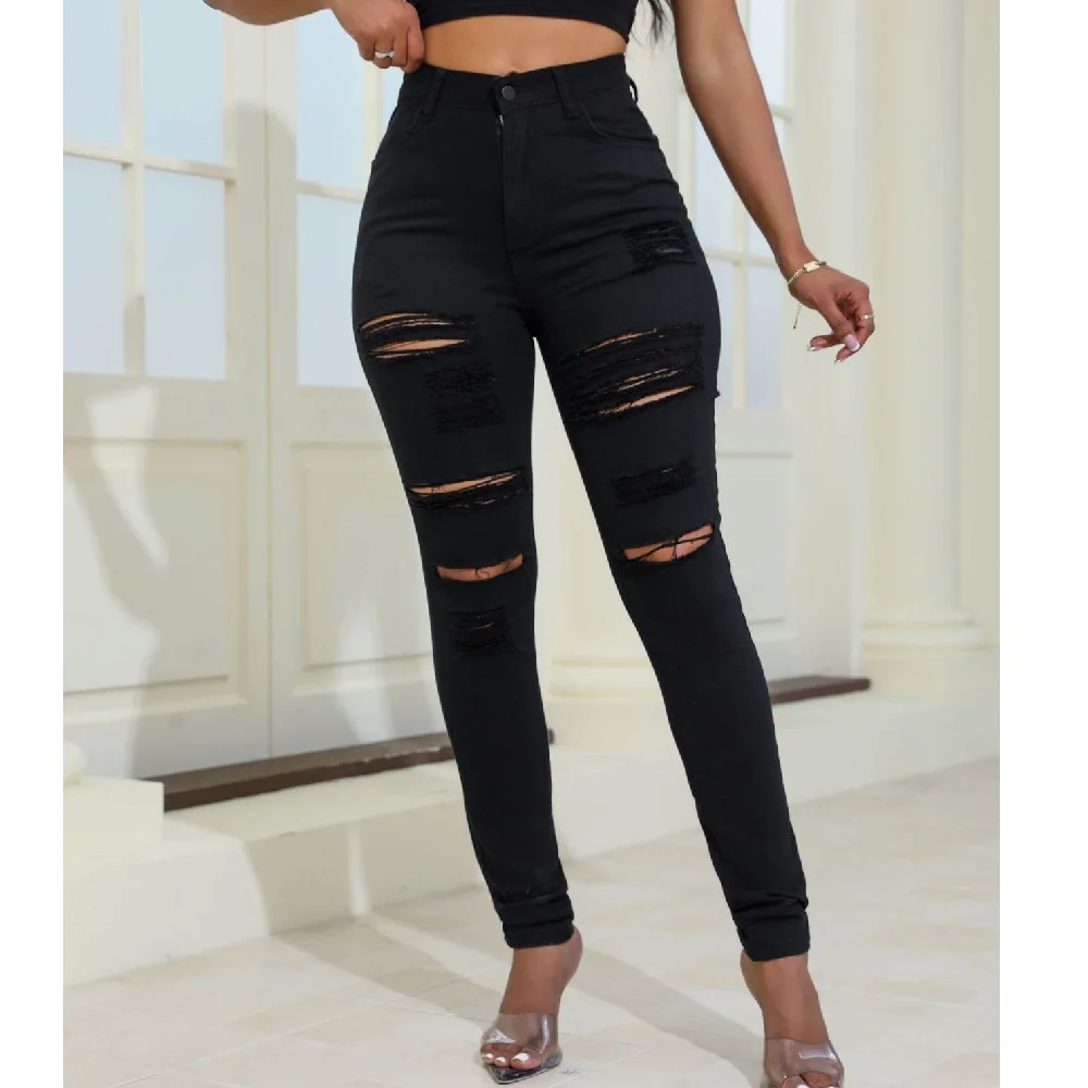 Women Denim Jeans Ladies High Waist Ripped Hole Stretch Full Length Jean Pants pantalones de mujer