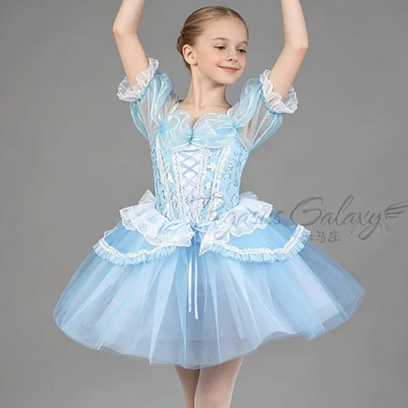 Kids Girls Professional Childrens Ballet Performance Leotards Gymnastics Tutu Bodysuit Ballet Bubble Sleeves with One Shoulder