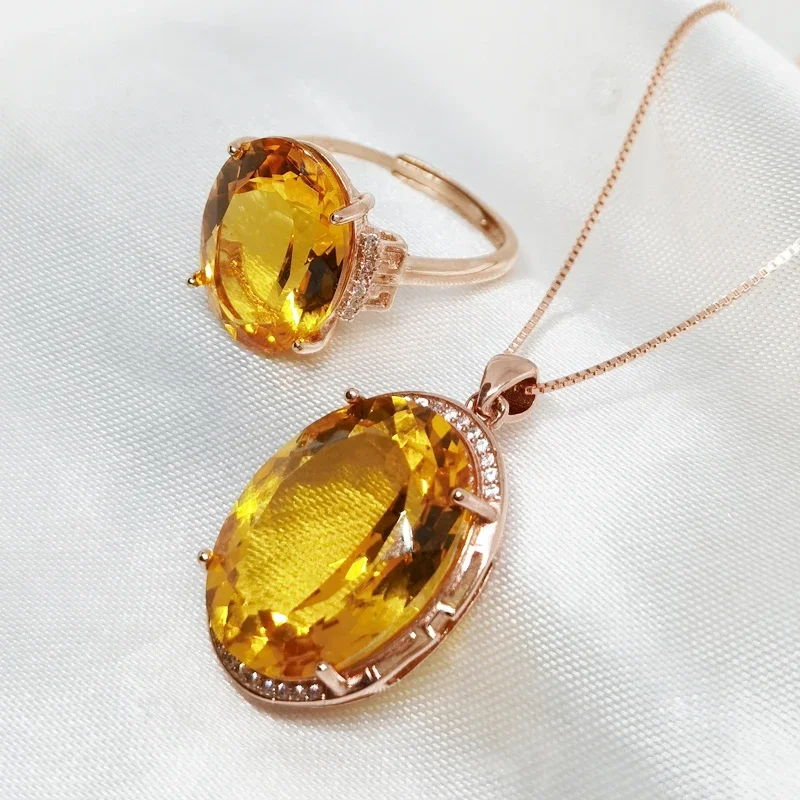 Natural Dream Lemon Color Citrine Jewelry Set 925 Silver Necklace Ring Two-piece Suite Wedding Jewelry for Women