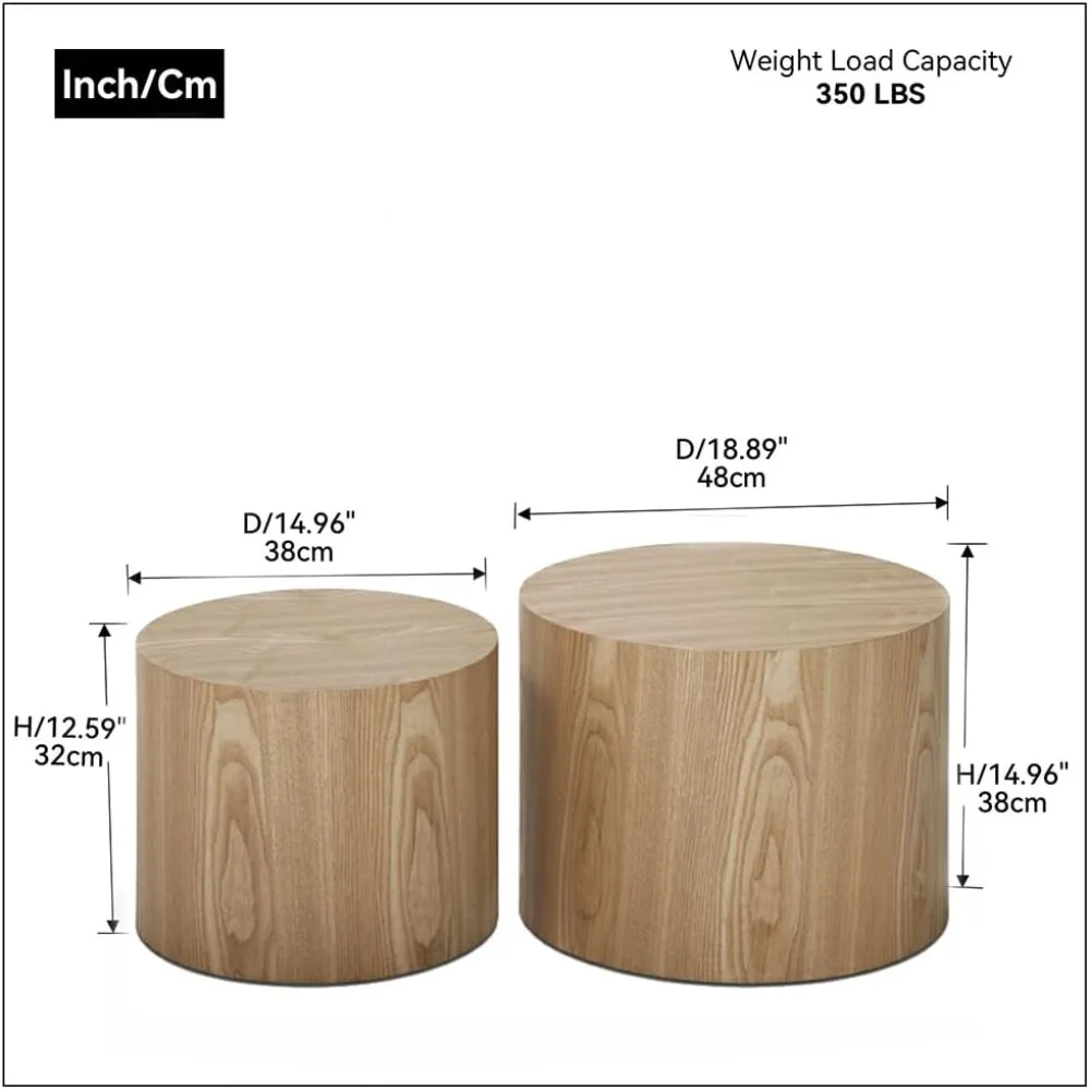 Pair of Round Coffee Tables: Wooden Nesting and End Table Set, Small Circle Drum Side Tables for Living Room and Office Use