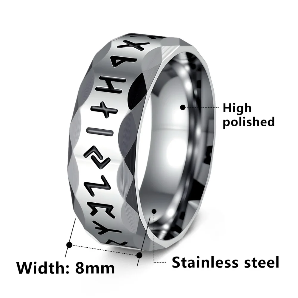 Runenring für Herren, facettierter, graviertes Symbolband, goldfarben, Edelstahl, Ring im nordischen Stil, geometrischer Statement-Schmuck. – Detail 3