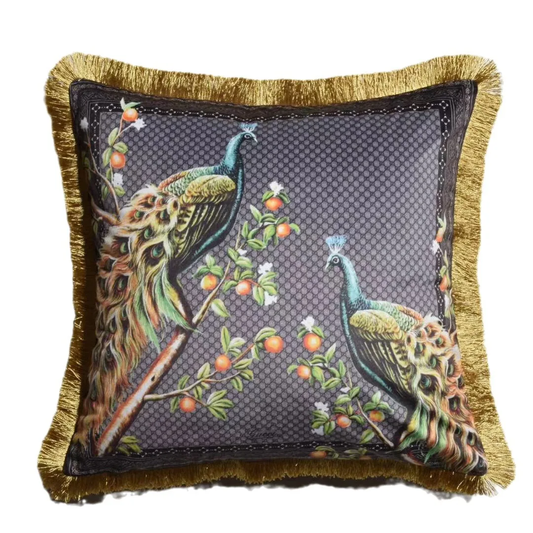 Double-Sided Waist Cushion Cover, Luxury Horse Pillowcase, Sofa Decoration, Retro Tassel, Square, Living Room