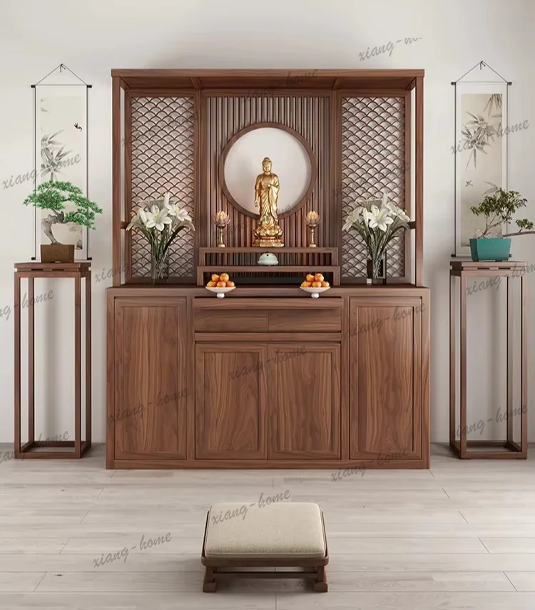 PG Buddhist Altar New Chinese Style Standing Cabinet Walnut Solid Wood Buddha Hall Buddha Statue Cabinet Guanyin Worship Cabinet
