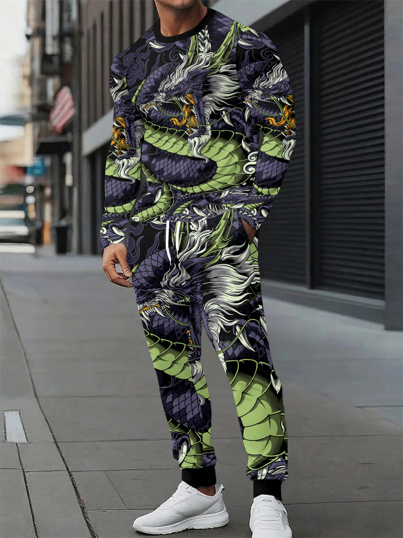 

New Vintage Animal Dragon Lion sets Men Tracksuit Y2k Printed Casual Sweatshirt pants Set Hip Hop Streetwear Clothing