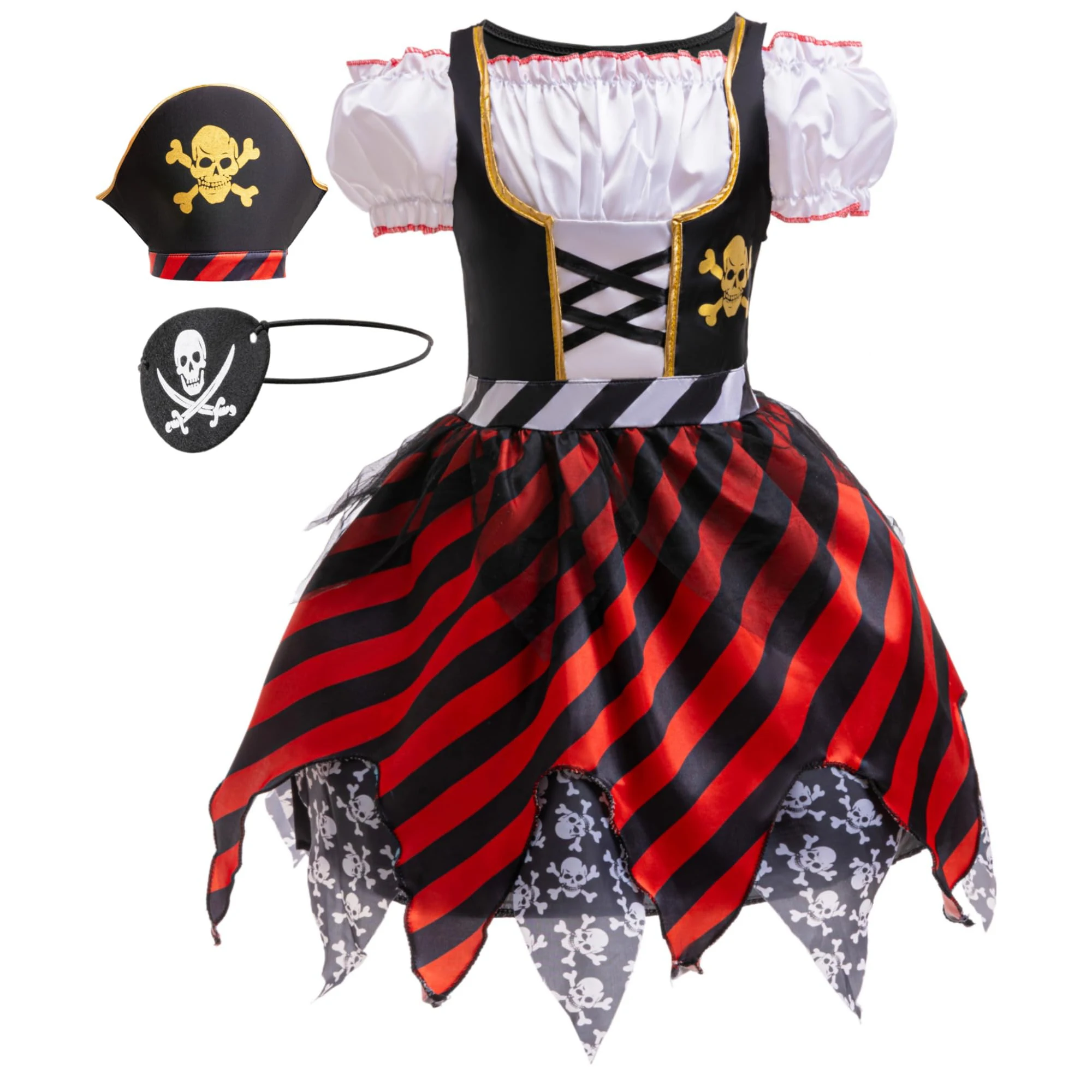 

Pirate Costume Set Kids Pirate Hat Eye Patch Role Cosplay Girls Dress Up Pirate Outfit Party Buccaneer Halloween Costume 3-10T