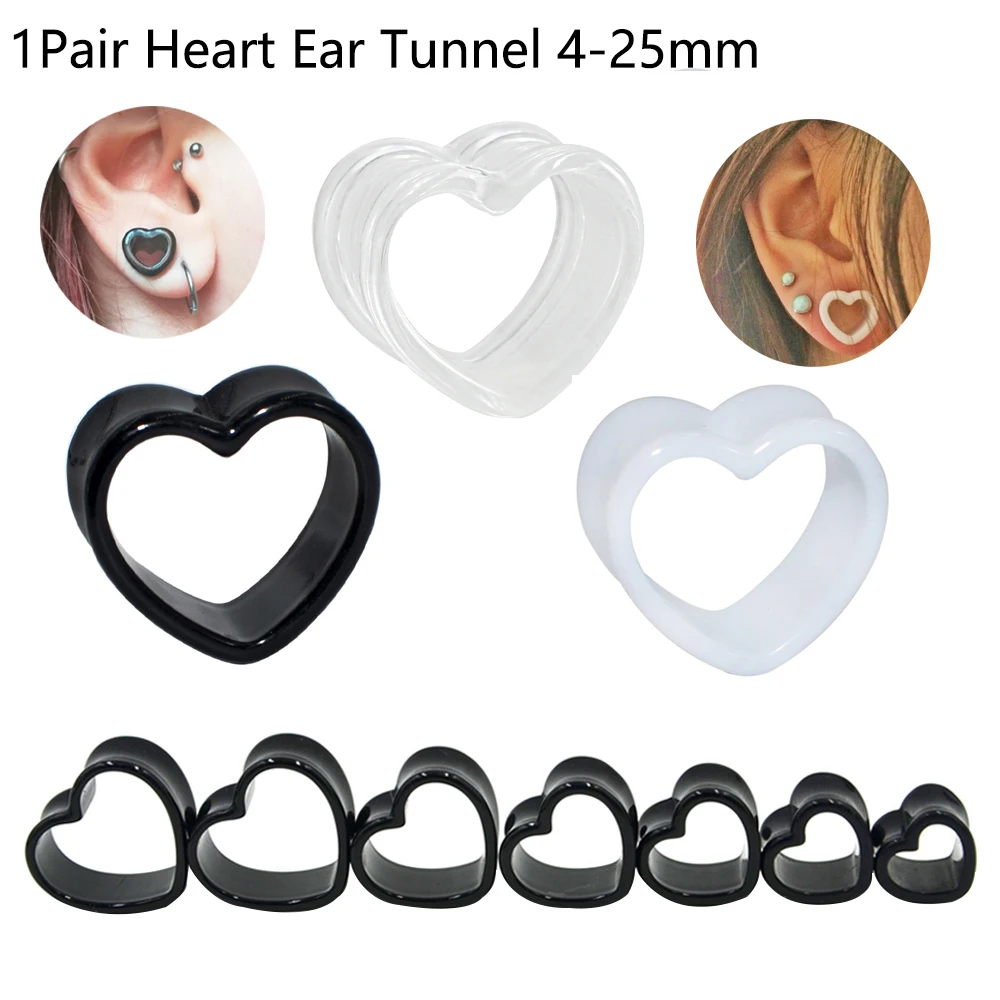 4mm--25mm Pair Black & White Love Heart Acrylic Flesh Tunnel Plug Jewelry Body Piercing Stretcher Expander Ear Gauge Earlets