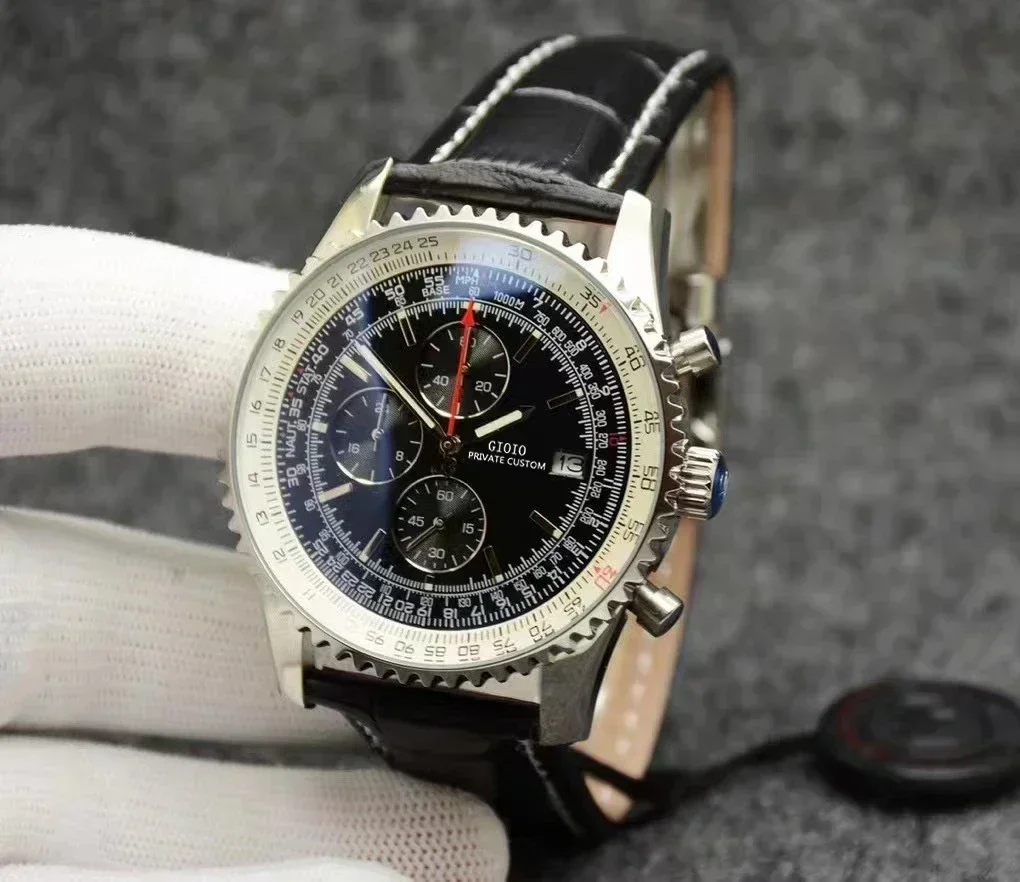 Luxury Mens Quartz Chronograph Watch Black Blue Leather Stainless Steel Luminous Sapphire Sport White Dial