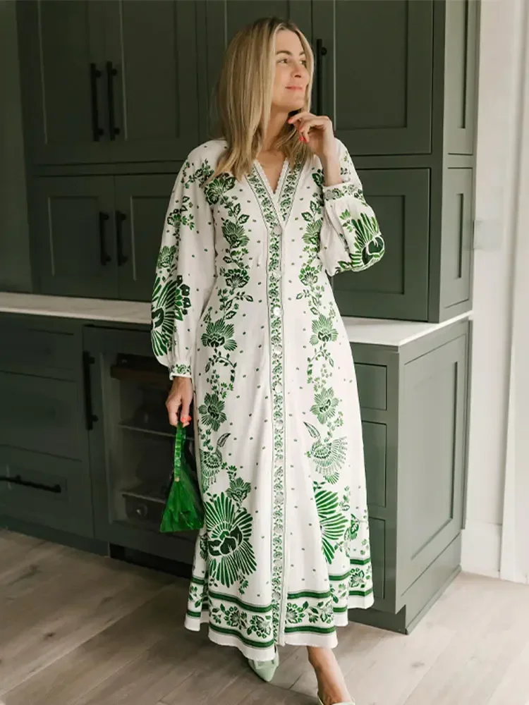 

Fashion Green Print Single Breast Maxi Dress Women Elegant Lapel Long Lantern Sleeves Long Robes 2025 New Beach Vocation Vestido