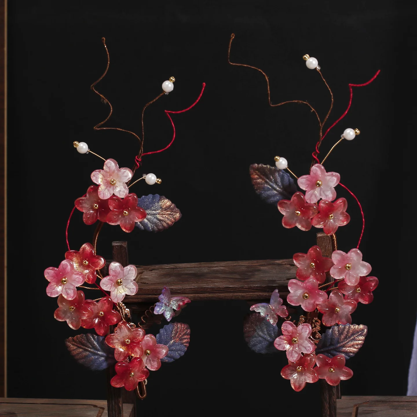 

1pair Chinese Hanfu Hair Clips Red Flower Hairpin Pearl Headpiece Ancient Party Barrettes Head Jewelry Hair Accessories Gift