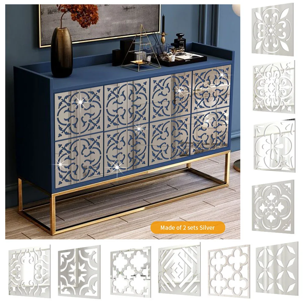 15/20/27cm כסף חלול חריטת מראה מדבקת ארון ריהוט קישוט 3D מדבקות בית עיצוב אקריליק אמנות מדבקת 4 יח'\סט