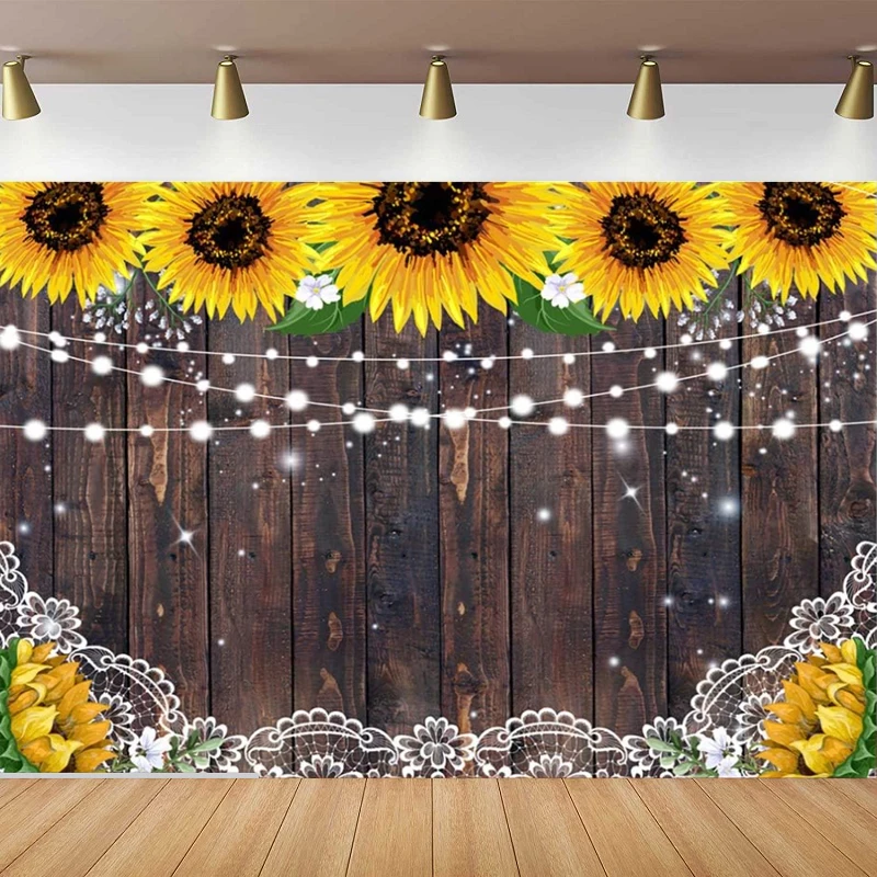 

Rustic Sunflower Wooden Photography Backdrop Summer Floral Brown Wood Lace Flowers Birthday Wedding Party Background Decor