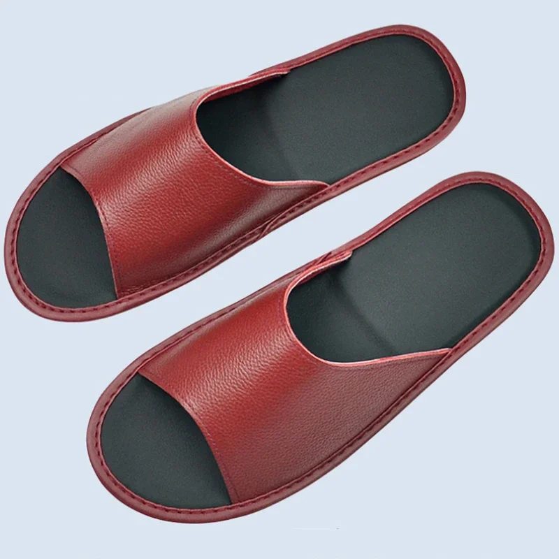 Genuine Cow Leather Slippers Homes in Indoor Slipper Summer Open Toe Sandals Men Women Elderly Casual Single Slides Shoes