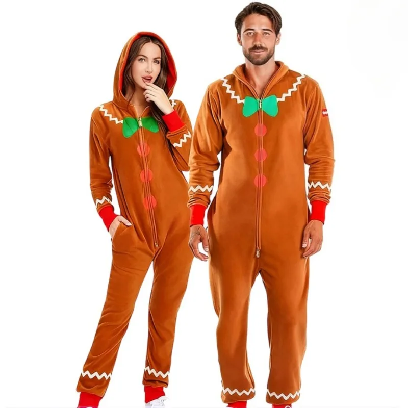 

Christmas Gingerbread Man Cosplay Costume Hooded Jumpsuit Yellow Bodysuit Clothes for Women Men Role Play Outfit Xmas Party