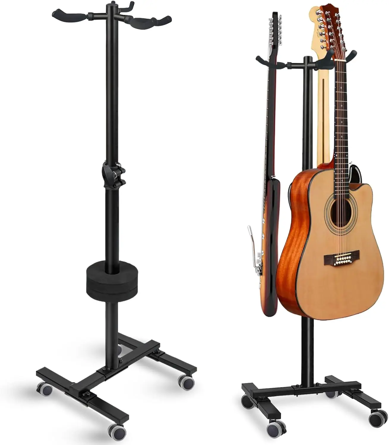 

3 Guitar Stand with Wheels, Heavy Duty Adjustable Holder for Acoustic Electric Ukulele Banjo Bass Mandolin, Folding Floor Display, Black
