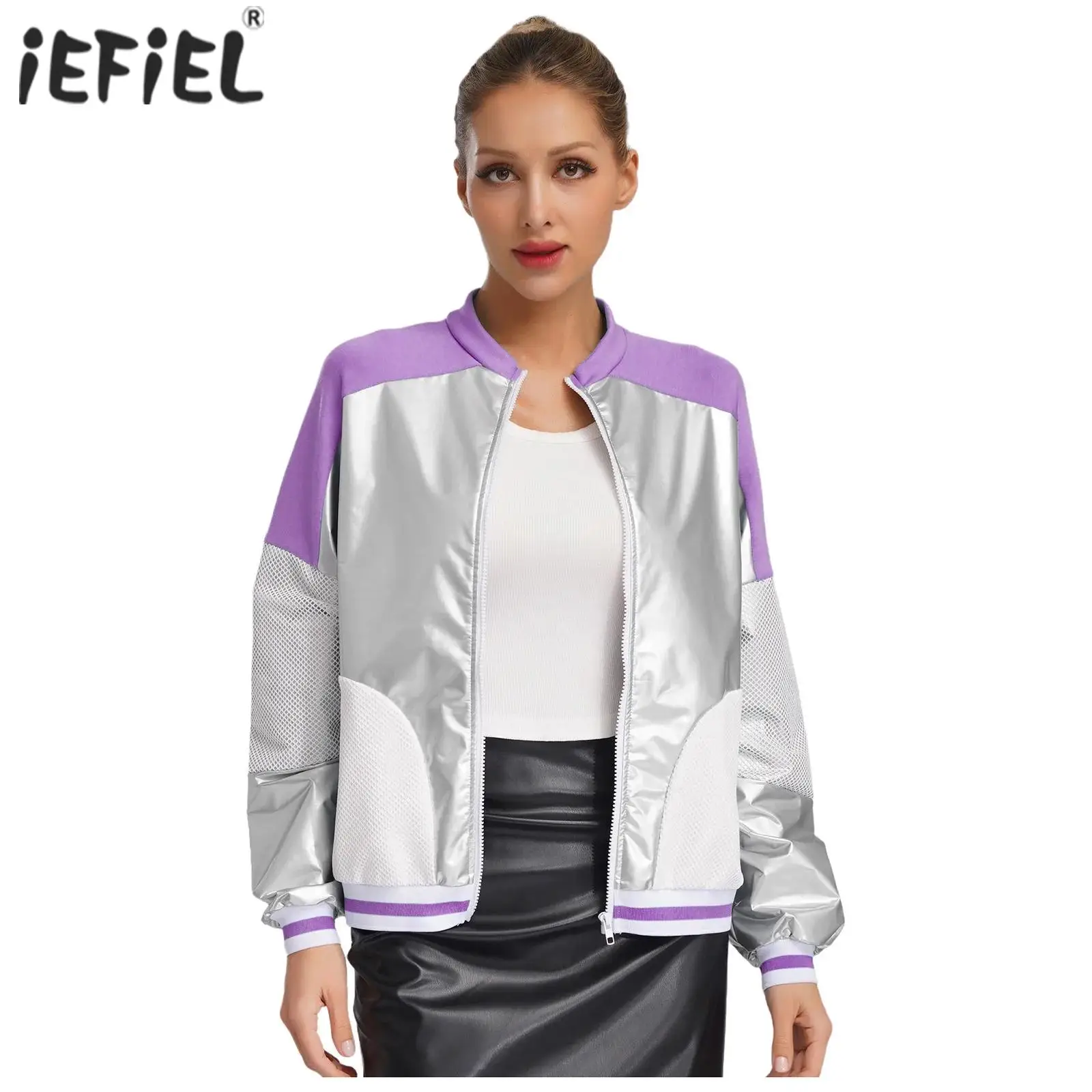 

Womens Jacket Color Block Patent Leather Coat Outerwear Long Sleeve Stand Collar Metallic Streetwear Fashion Autumn Fall Coat