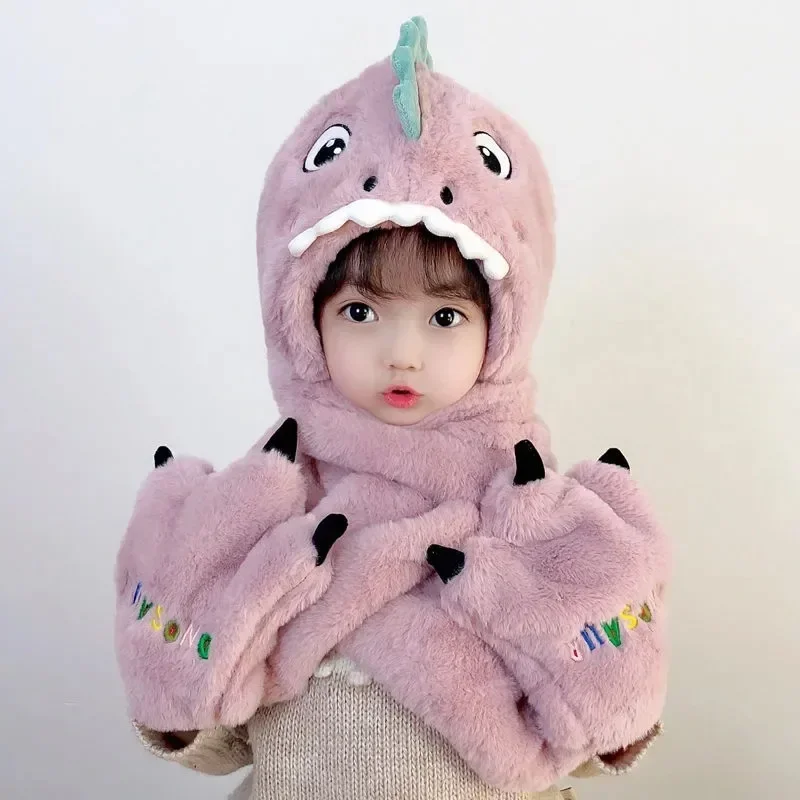 Hot Winter Children Warm One-piece Hat Boys Girls Winter Cartoon Dinosaur Plush Scarf One-piece Set Children Padded Cartoon Hat