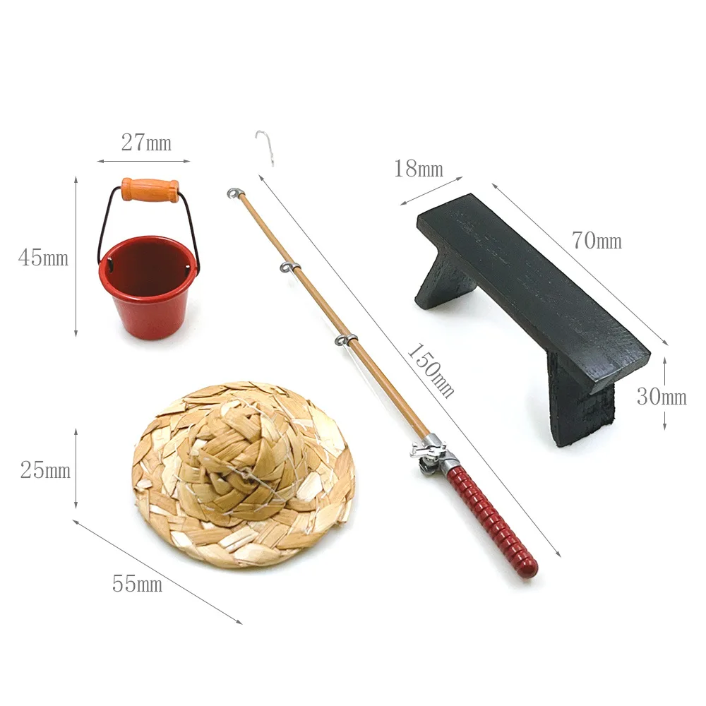 1:12 poppenhuis miniatuur visset - realistische hengel, emmer, bank en strohoed, doe-het-zelf microscène modelaccessoire