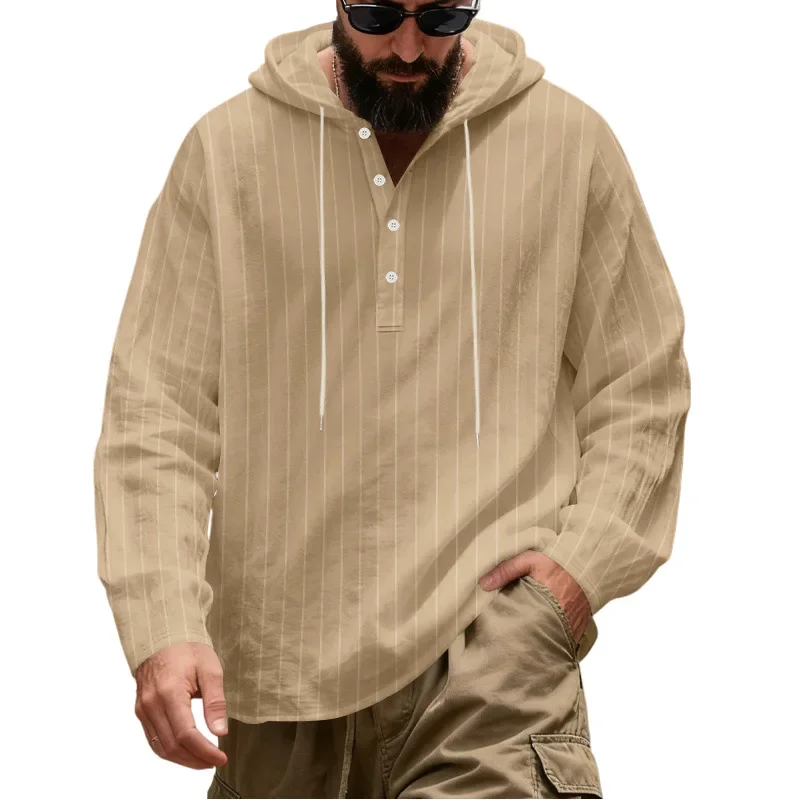 2026 Striped Hooded Shirts Men Spring Autumn Casual Loose Hooded Shirt Male Street Style Pullover Blouse Sports Jogging Tops Man