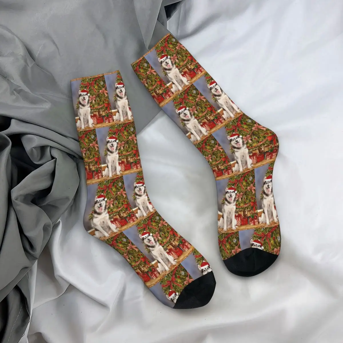 

All Seasons Crew Stockings Husky Christmas Tree Dog Puppy Watercolor Socks Crazy Hip Hop Long Socks for Men Women Gifts