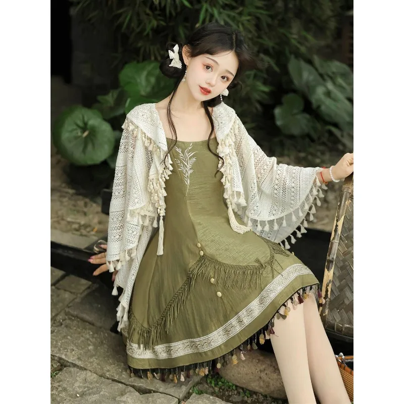 2024 Traditional Chinese Green Lolita Dress with White Tassel Shawl Women Summer Sweet Fairy Party Victorian Dresses Tea Party