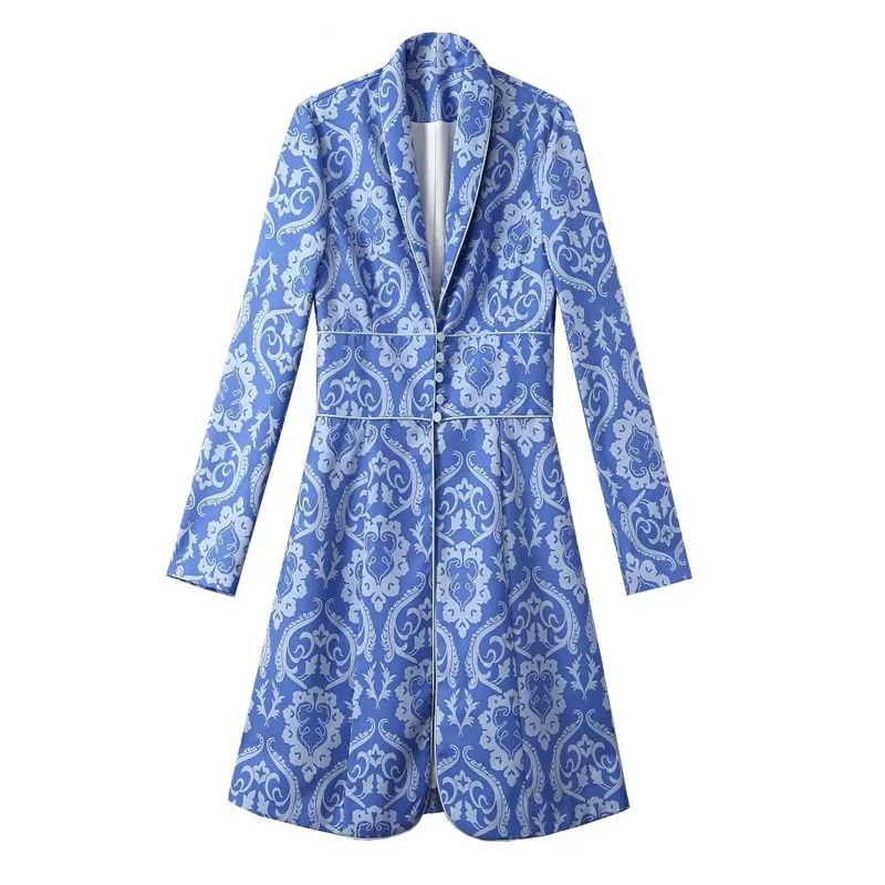 2024 Spring Autumn New Kate Middleton Princess Jackets Blue Print Dress Long Sleeve Turn-down Collar Single Breasted Dresses