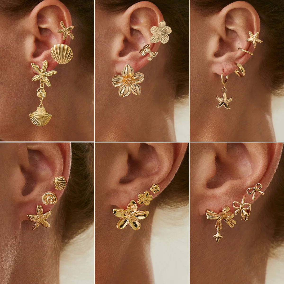 Conjunto de pendientes con lazo pequeño y flor chapada en oro para mujer, bonitos pendientes con pasador de estrella de mar, clip para las orejas, aros para las orejas circulares pequeños, joyería de moda