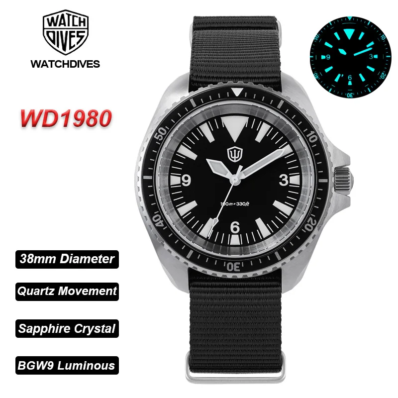 Watchdives WD1980 Vintage Watch VH31 Quartz Movement Sapphire 316L Stainless Steel BGW9 Luminous 100M Waterproof Men Wristwatch