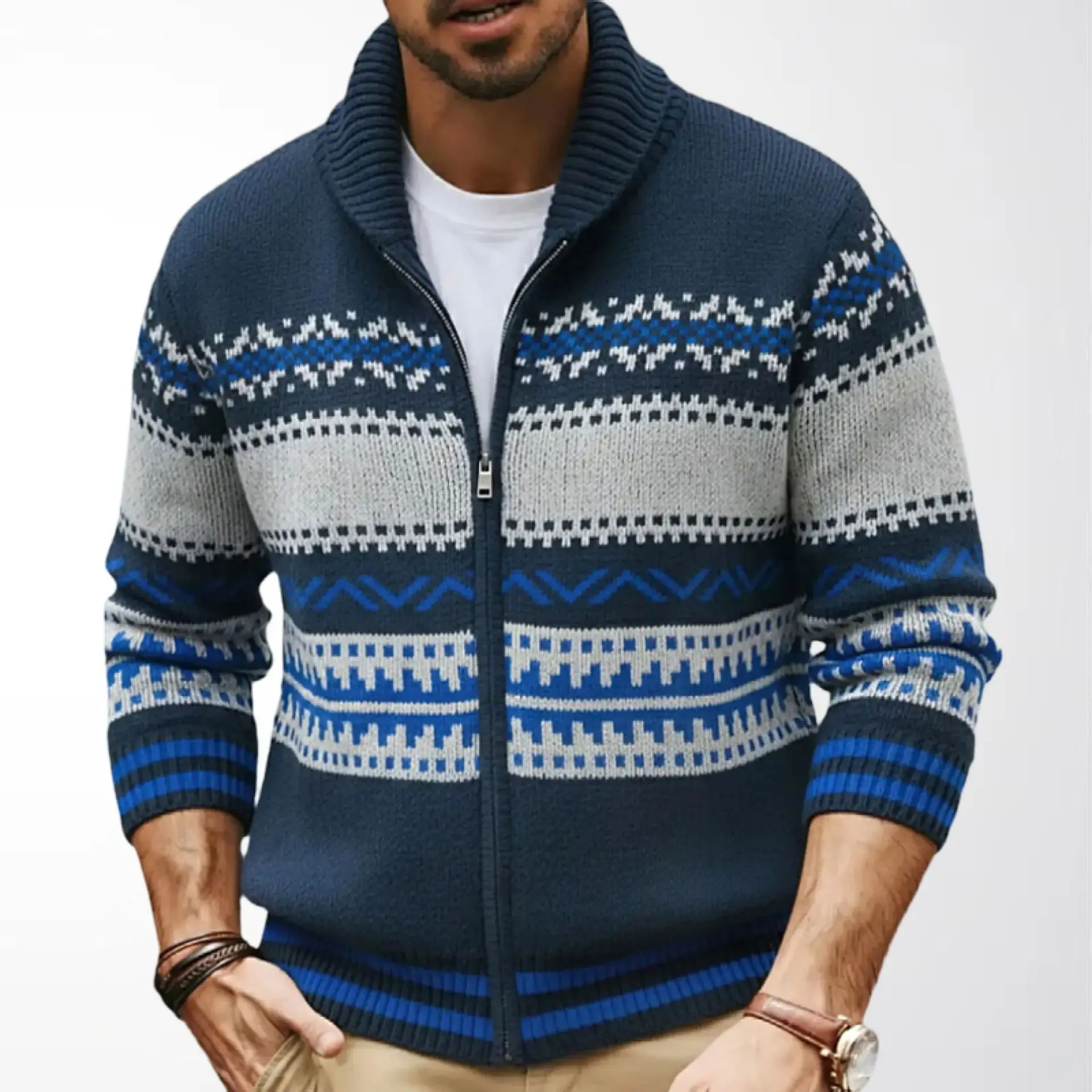 

2026 men's autumn and winter thickened, ethnic style retro jacquard knitted sweater zipper cardigan sweater