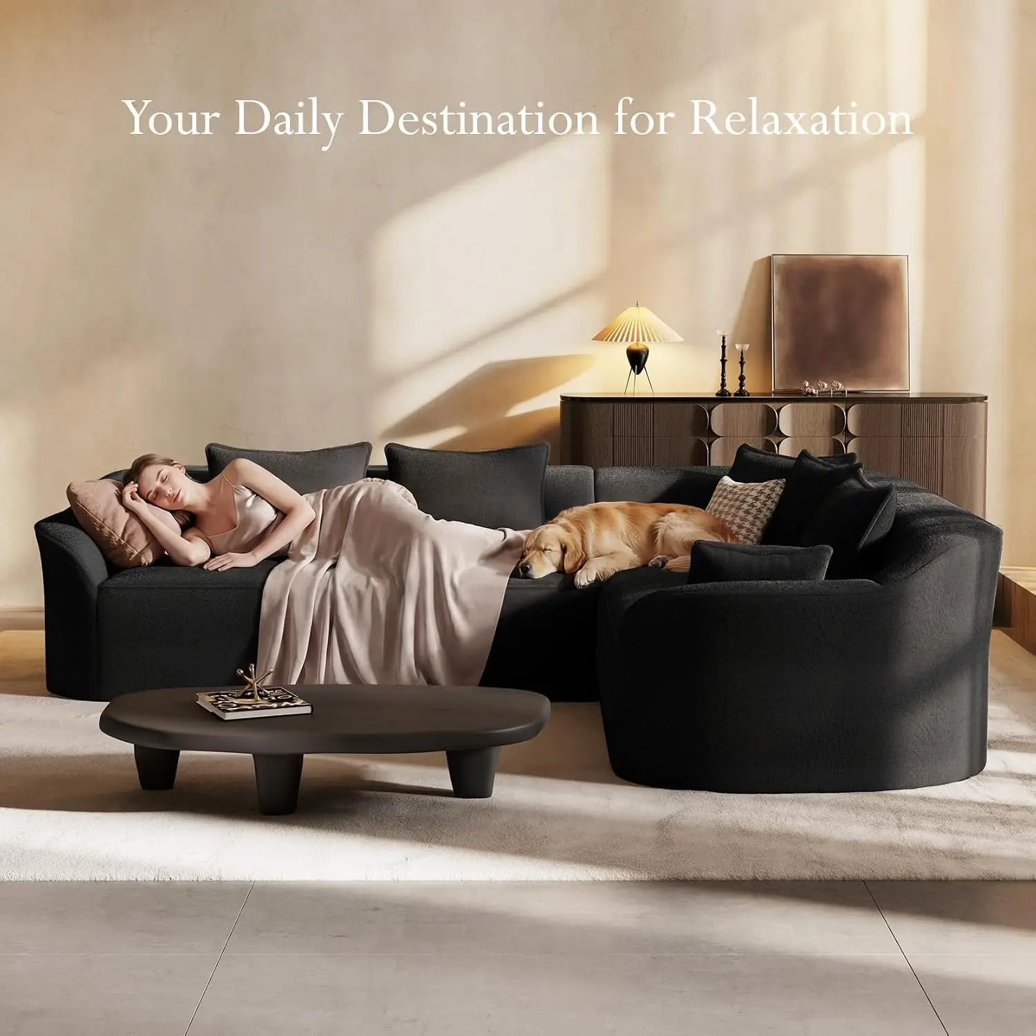 Luxury Modern Curved Sectional Sofa, Midnight Black, Customized