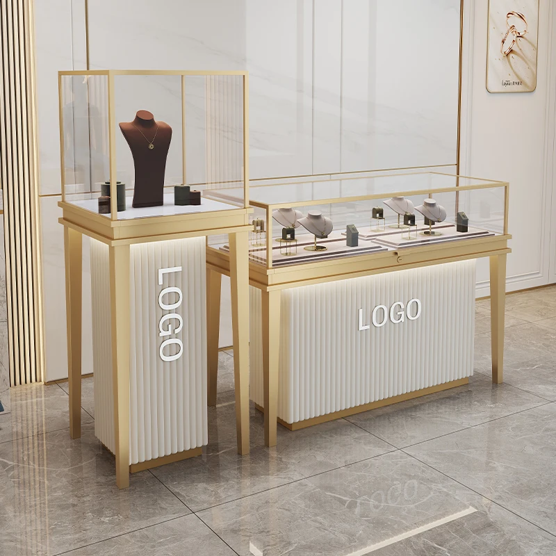 Custom.Customized Luxury Display Jewelry Display Cabinet Ultra-white Tempered Glass LED Lighting Jewelry Store Display Cabinet