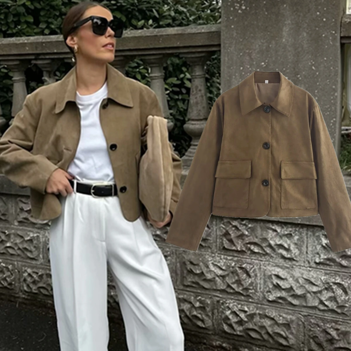 Maxdutti-Chaqueta minimalista de ante para mujer, Tops para mujer, moda francesa, trajes individuales con botonadura Vintage, Blazers