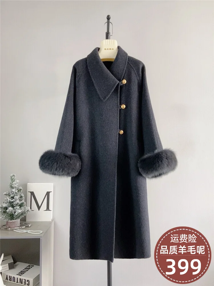 Pure wool double-sided wool diagonal collar gold knot long style temperament wool natural fur sleeves autumn and winter new