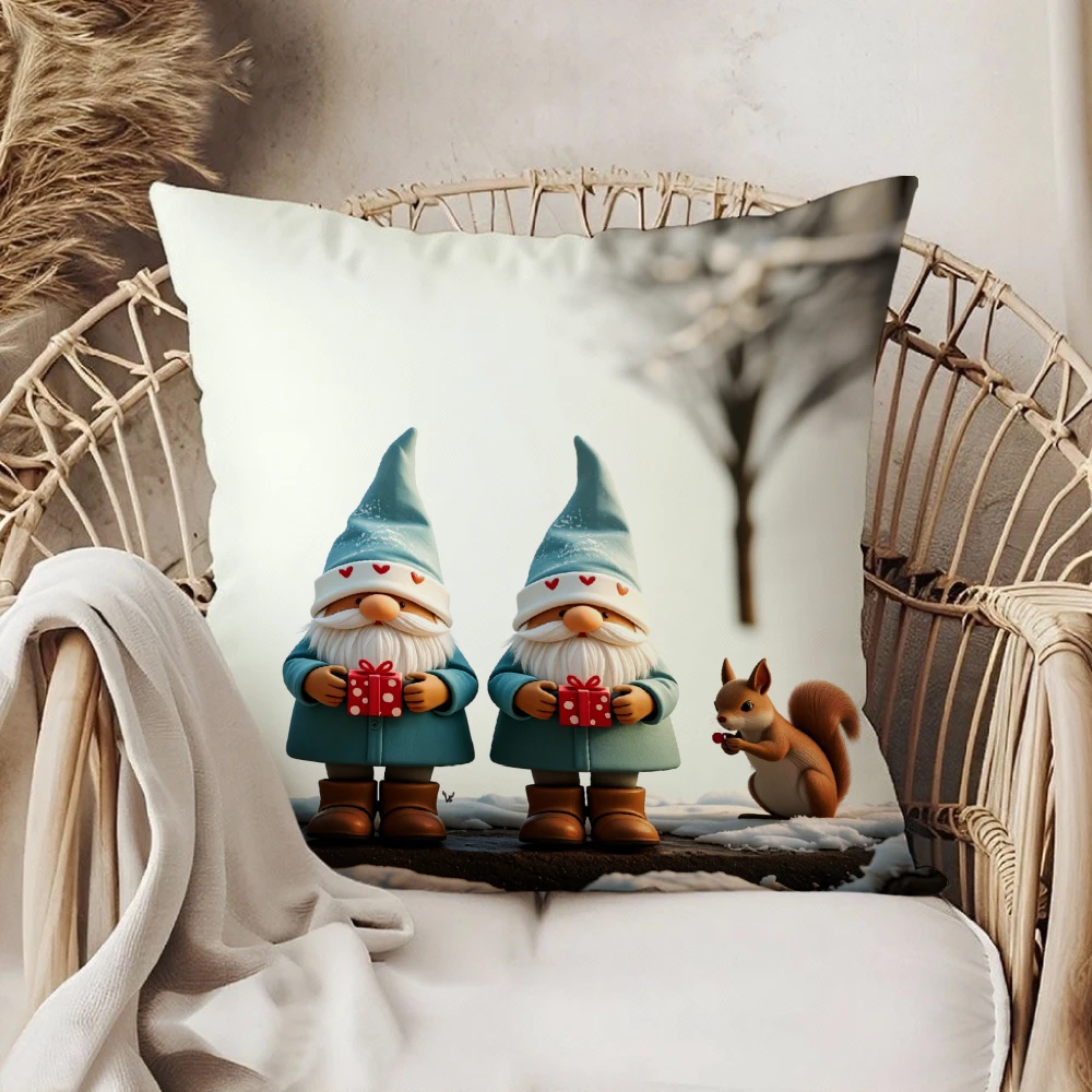 Square Throw Pillow Case White Christmas Gnomes Holding Red Gifts With Squirrel Print For Living Room Sofa Bedroom Home Decor
