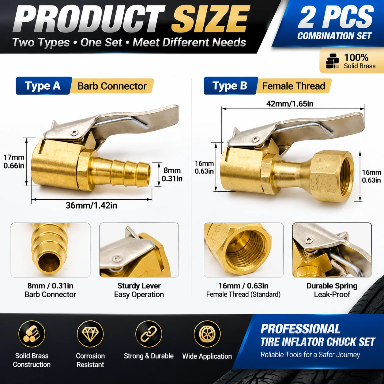 2PCS Tire Inflator Chuck Set Solid Brass Air Chuck Type A Barb Connector Type B Female Thread for Air Compressor Car Truck