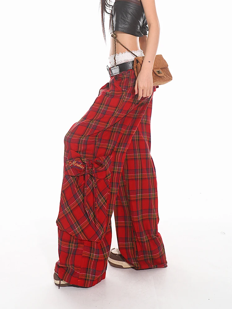 Checked Trousers Women Vintage Plaid Loose Cargo Pants Y2K Hip Hop Wide Leg Long Pants High Waist Straight Red Plaid Pants